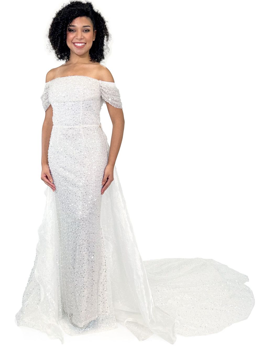 Style 8228 Marc Defang Size 5 Prom Off The Shoulder White Dress With Train on Queenly