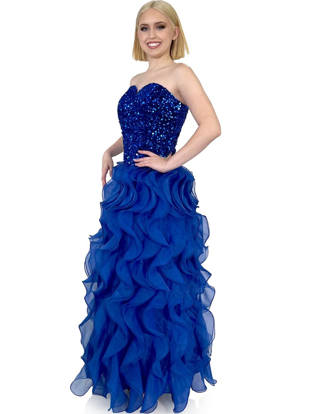 Style 8325 Marc Defang Size 5 Prom Velvet Blue Ball Gown on Queenly
