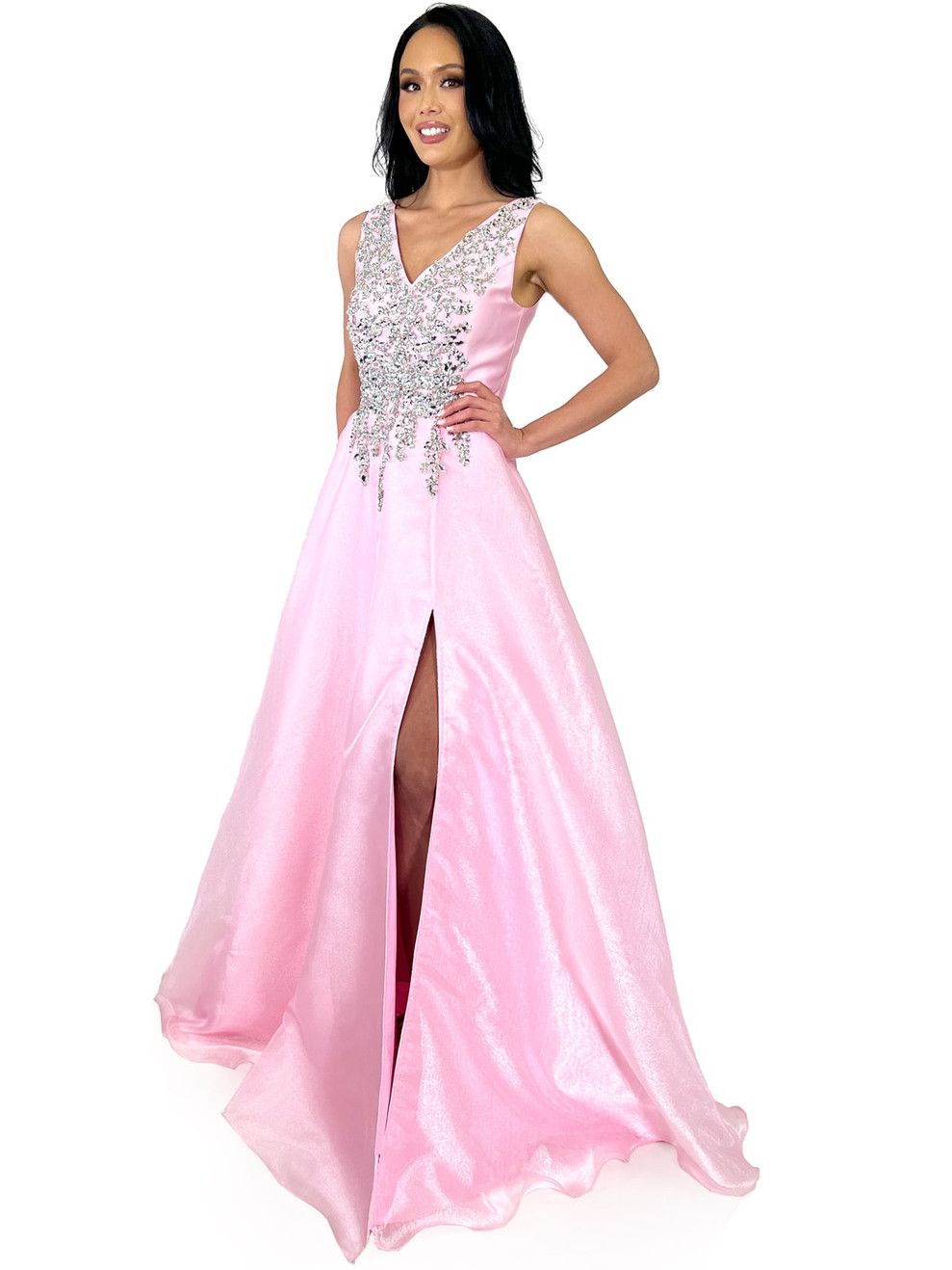 Style 8262 Marc Defang Size 4 Prom Sequined Pink Side Slit Dress on Queenly