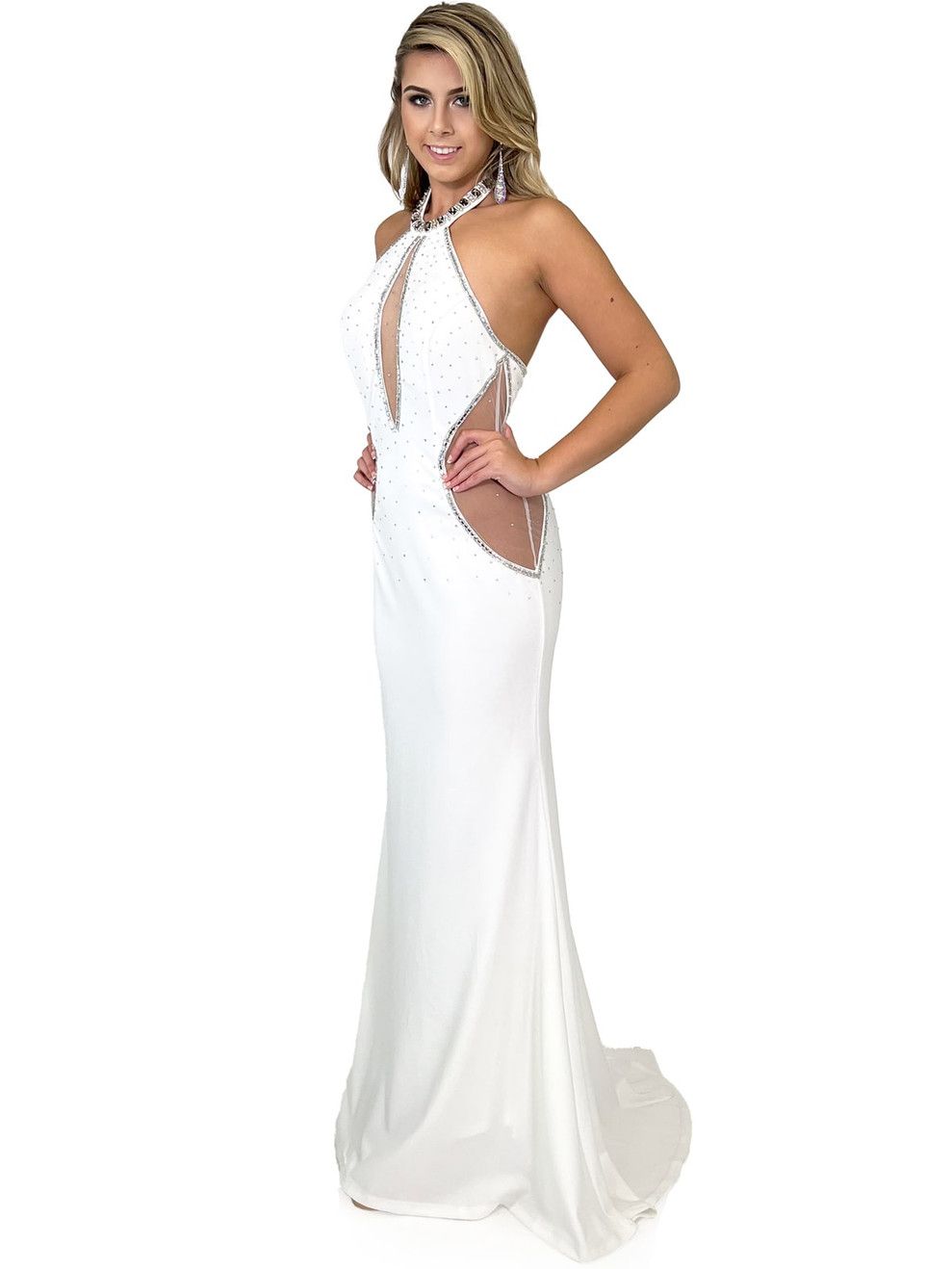 Style 8293 Marc Defang Size 4 Prom Halter Sequined White Floor Length Maxi on Queenly