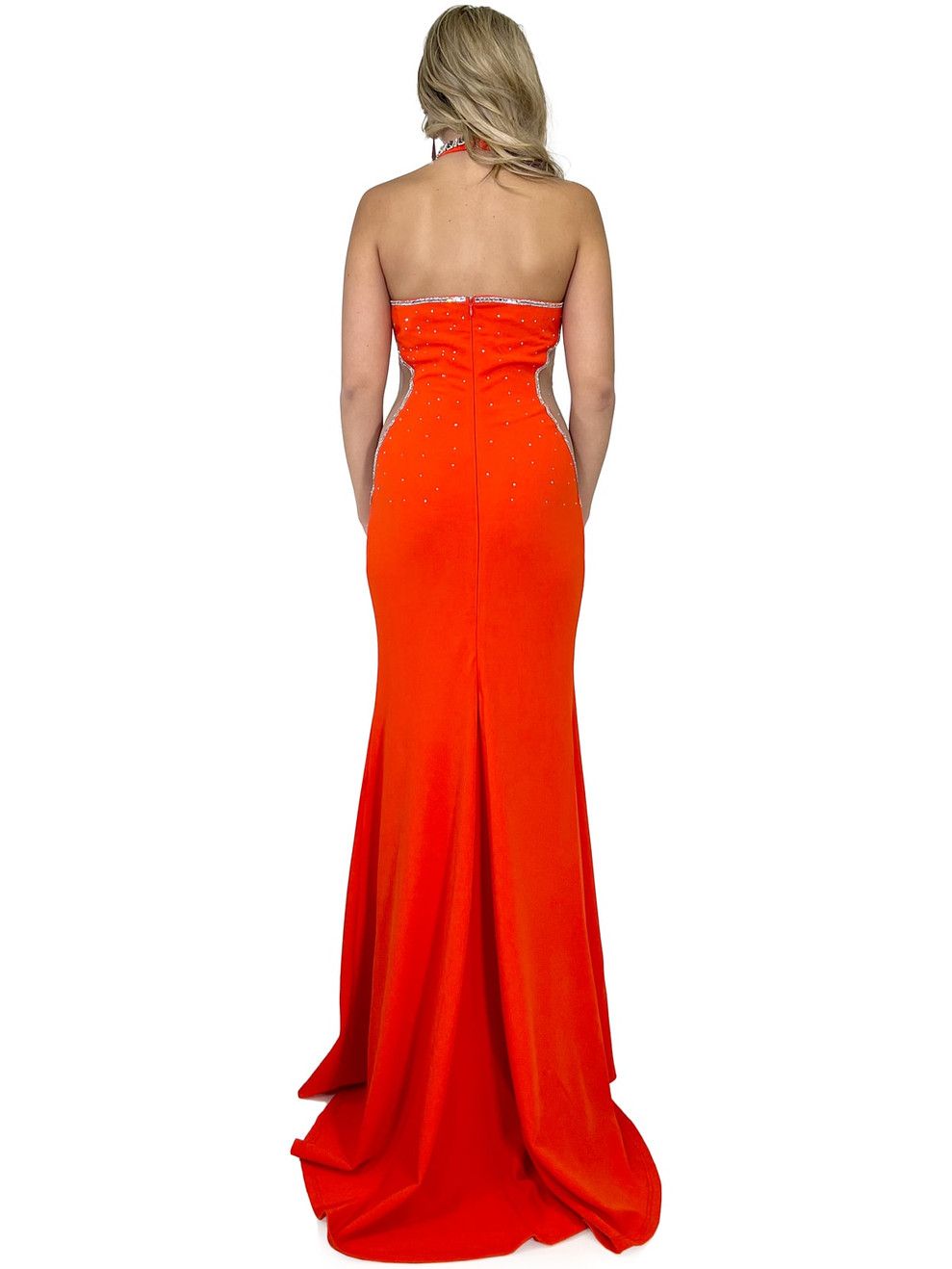 Style 8293 Marc Defang Size 5 Prom Halter Sequined Orange Floor Length Maxi on Queenly