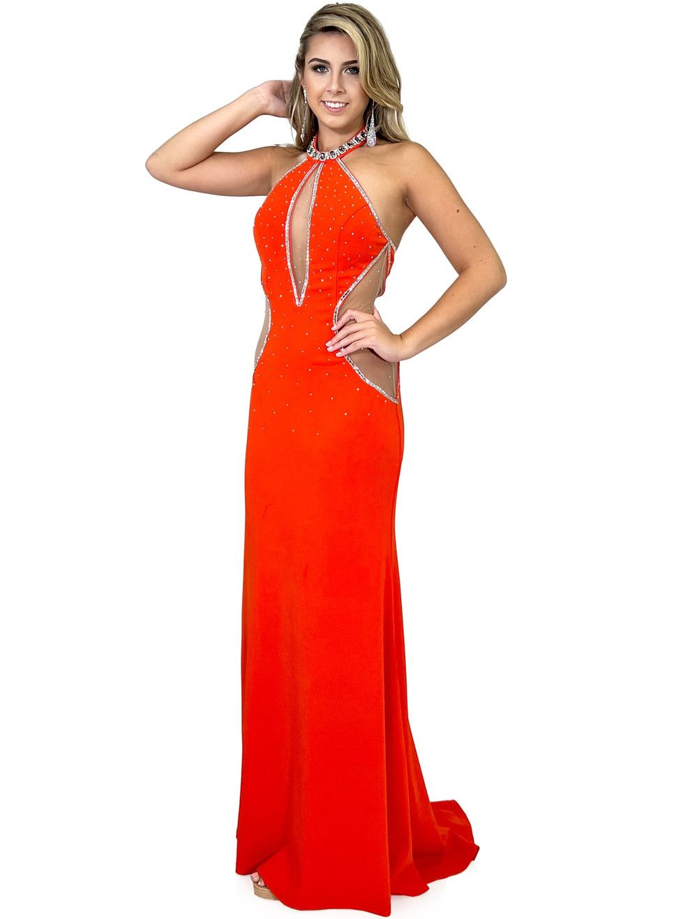Style 8293 Marc Defang Size 7 Prom Halter Sequined Orange Floor Length Maxi on Queenly