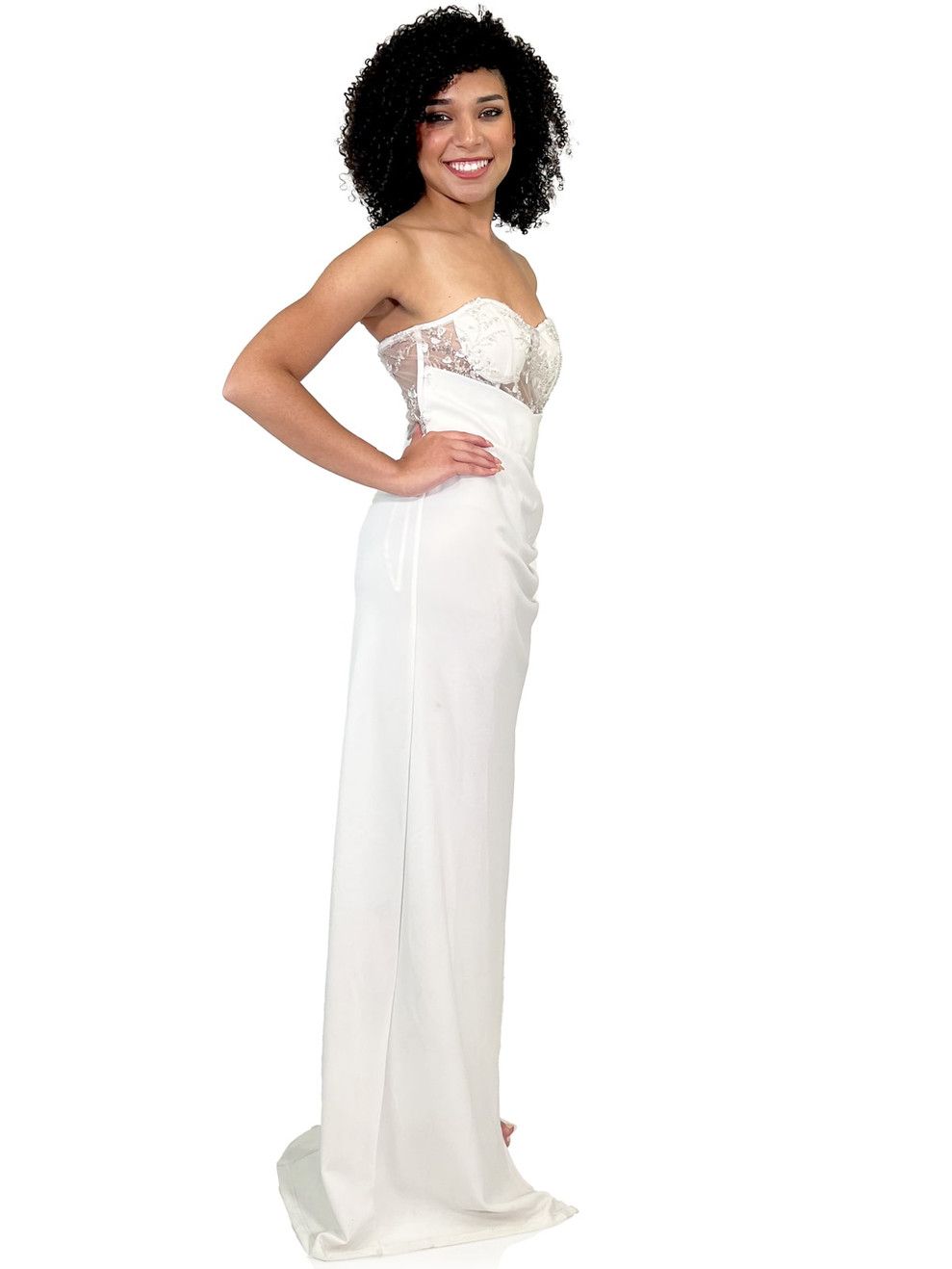 Style 8292 Marc Defang Size 4 Prom Floral White Side Slit Dress on Queenly