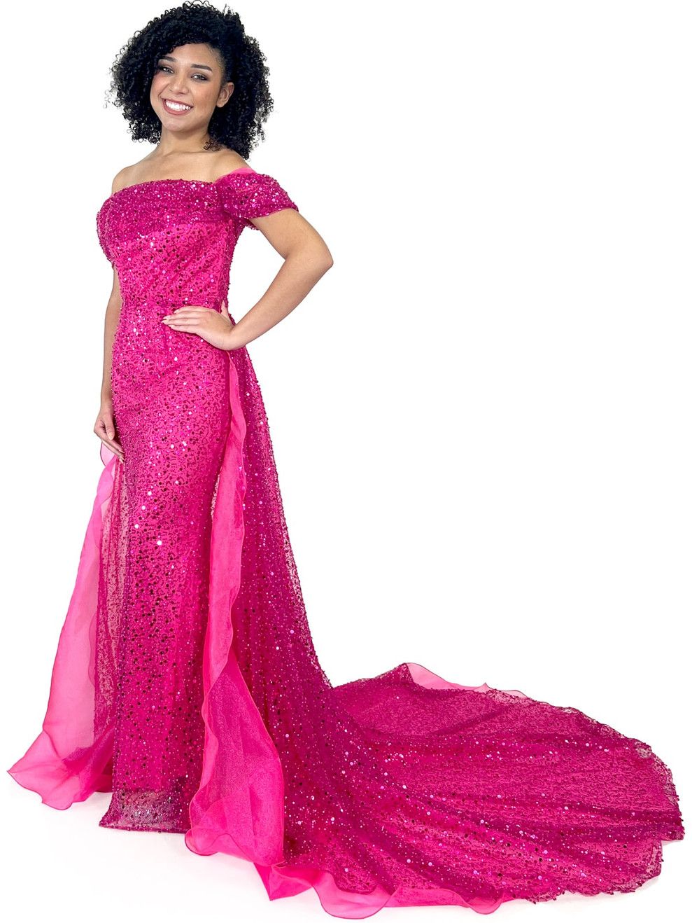 Style 8228 Marc Defang Size 4 Prom Off The Shoulder Hot Pink Dress With Train on Queenly