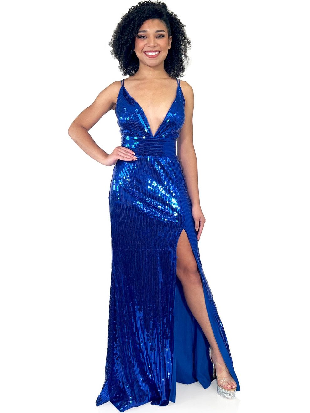 Style 8317 Marc Defang Size 10 Prom Royal Blue Side Slit Dress on Queenly