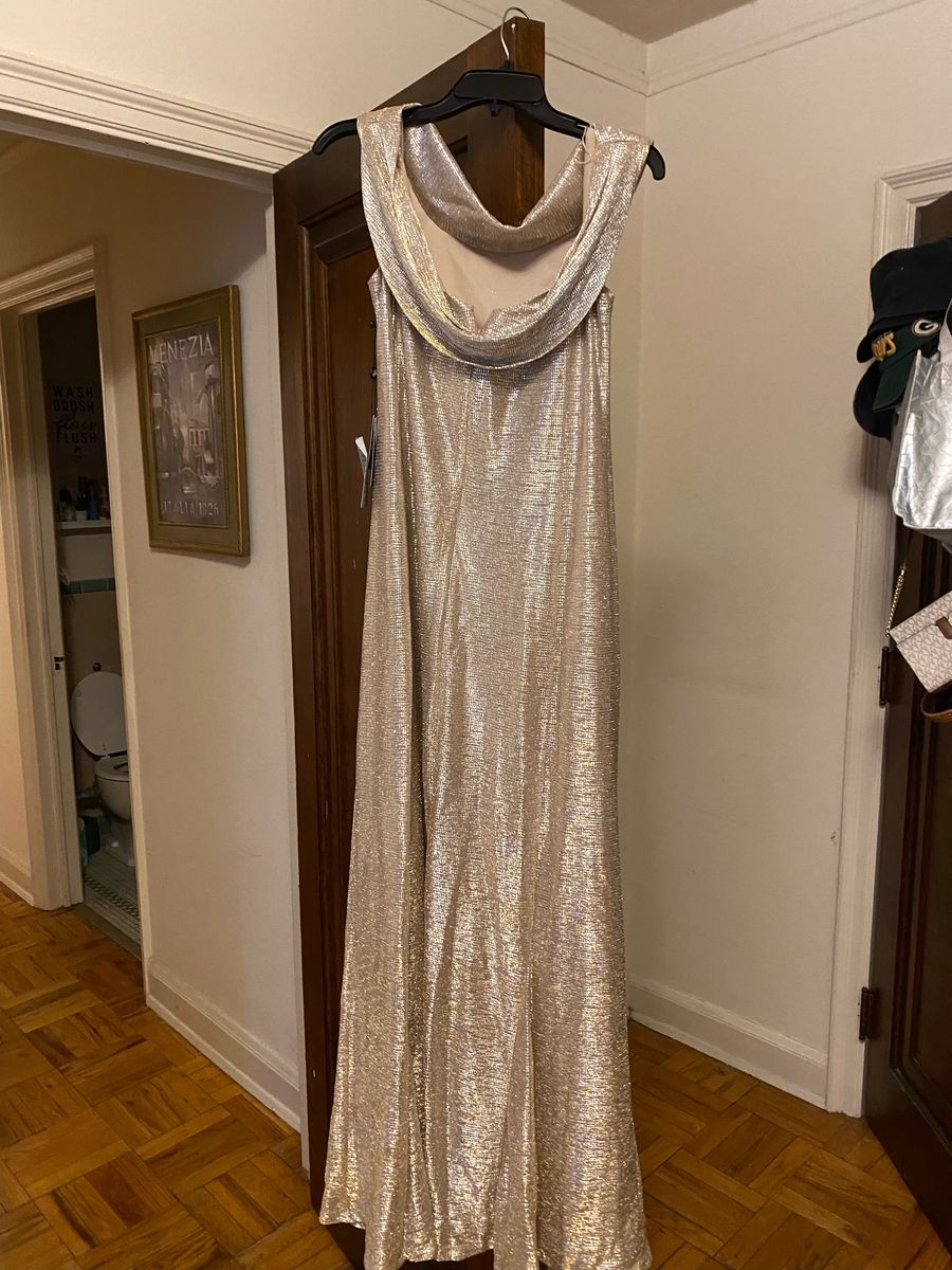 Style AP1E209681 Adrianna Papell  Size 10 Off The Shoulder Gold Floor Length Maxi on Queenly