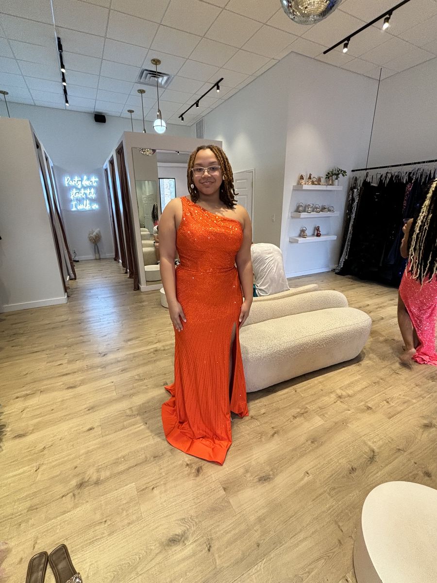 Sherri Hill Plus Size 16 One Shoulder Orange Side Slit Dress on Queenly