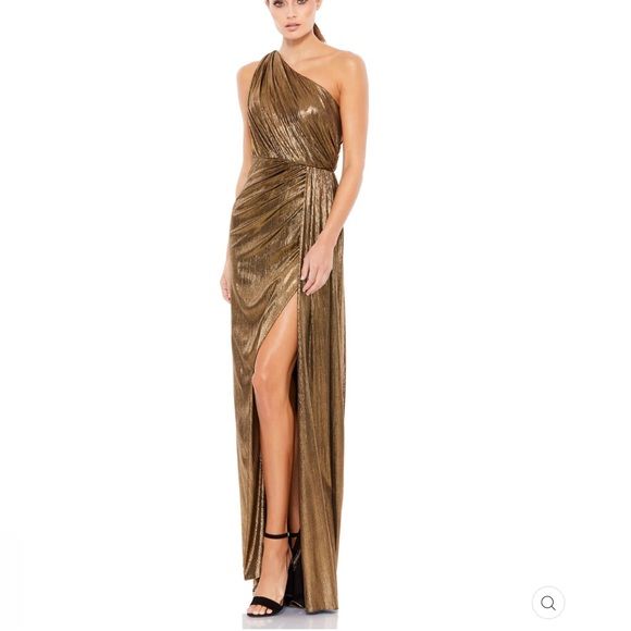 Style 26537 Mac Duggal Size 4 Bridesmaid One Shoulder Gold Side Slit Dress on Queenly