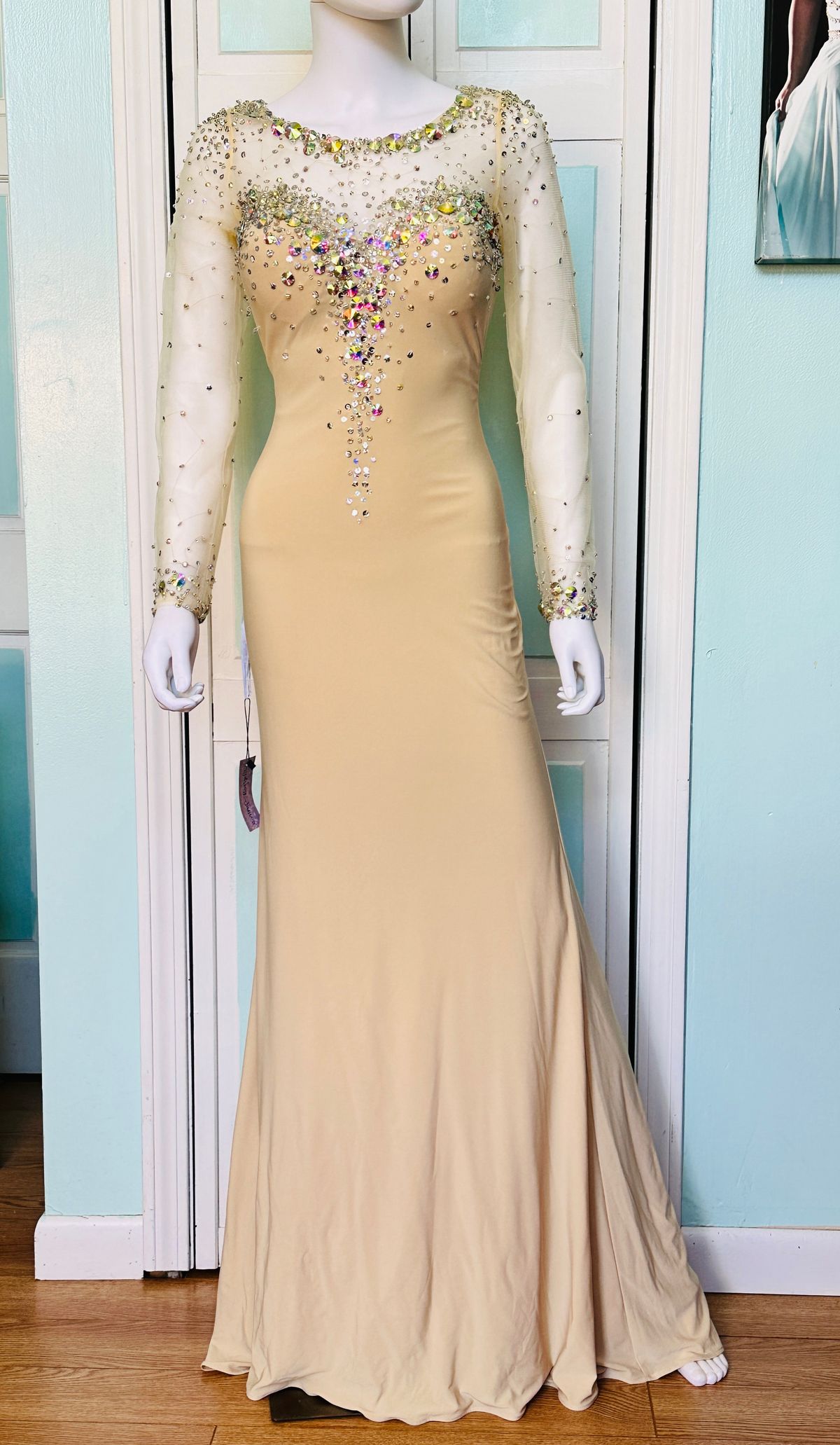Style 15014 Envious Couture Size 8 Prom Long Sleeve Nude Mermaid Dress on Queenly