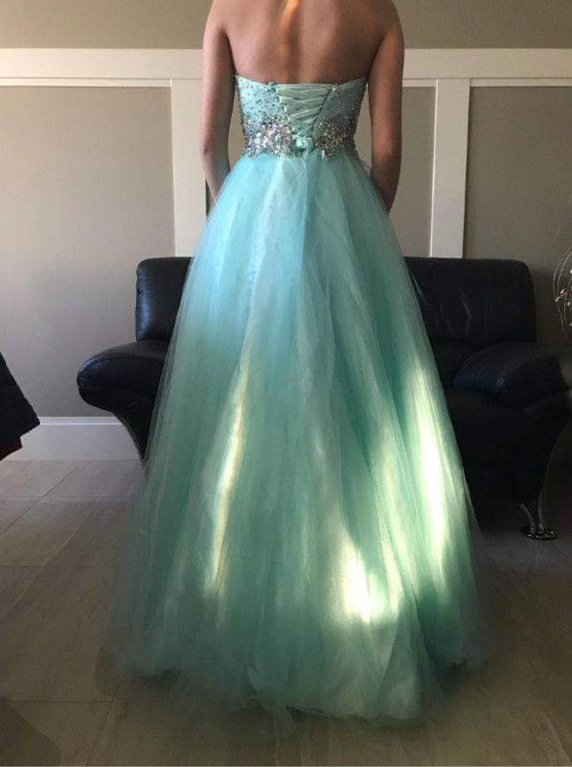 Size 0 Prom Sequined Turquoise Blue Ball Gown on Queenly