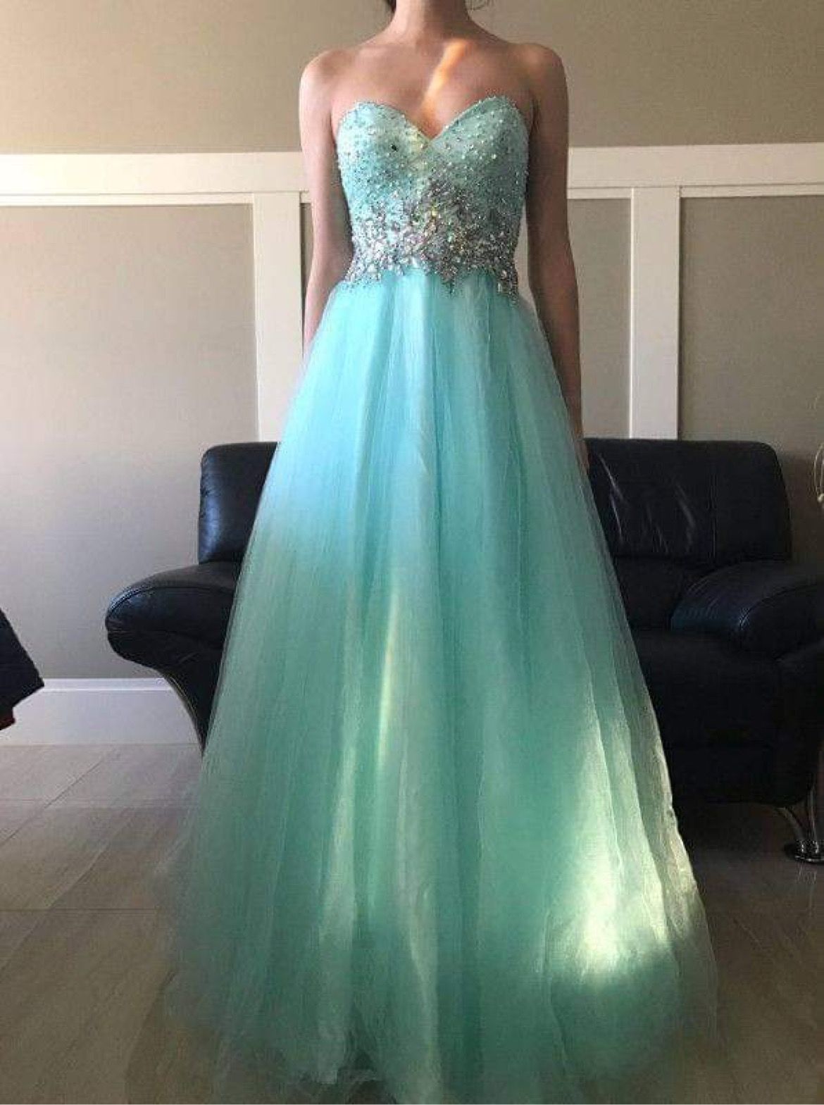 Size 0 Prom Sequined Turquoise Blue Ball Gown on Queenly
