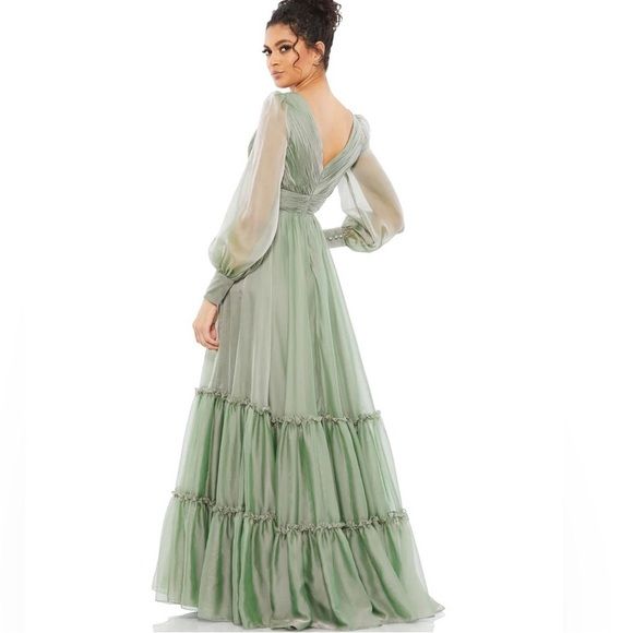 Style 67864 Mac Duggal Plus Size 18 Bridesmaid Long Sleeve Sheer Green Ball Gown on Queenly