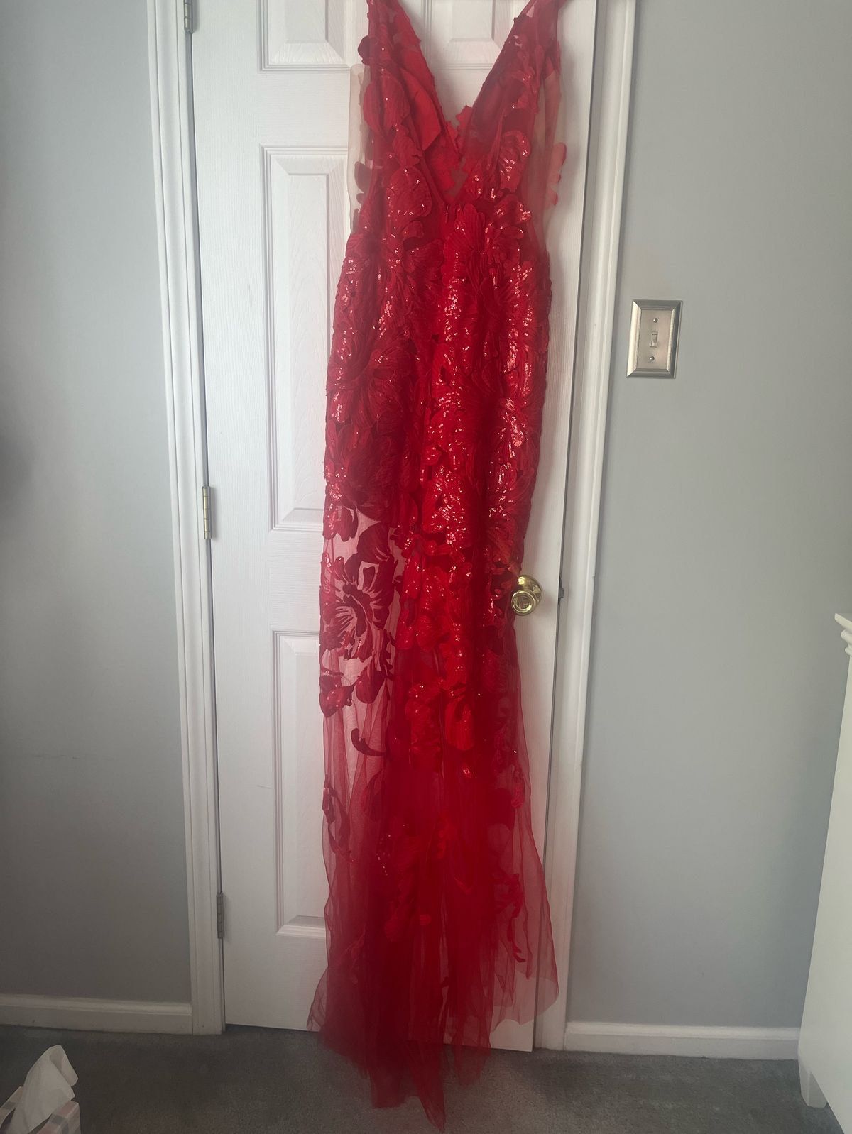 Jovani Size 2 Prom Plunge Sheer Red Side Slit Dress on Queenly