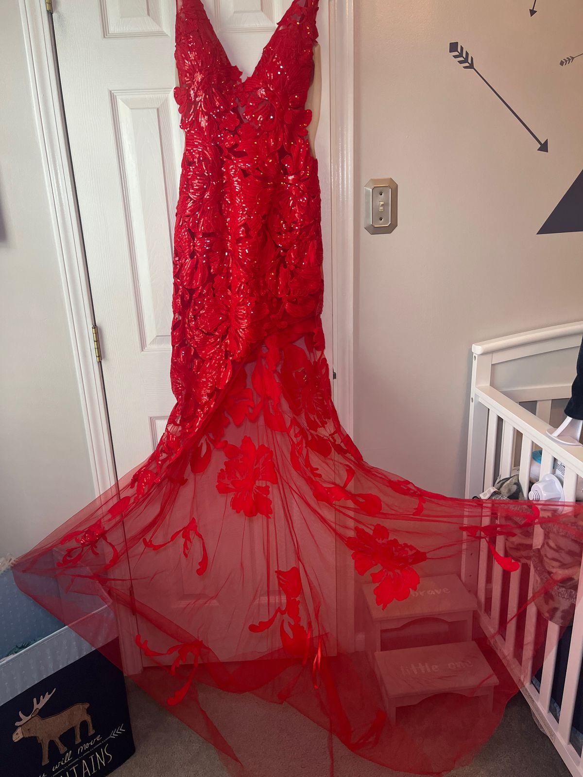 Jovani Size 2 Prom Plunge Sheer Red Side Slit Dress on Queenly