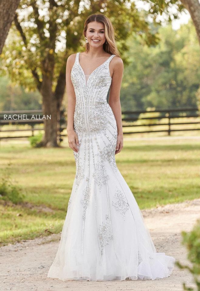 Style 7103 Rachel Allan Size 0 Pageant Plunge White Mermaid Dress on Queenly