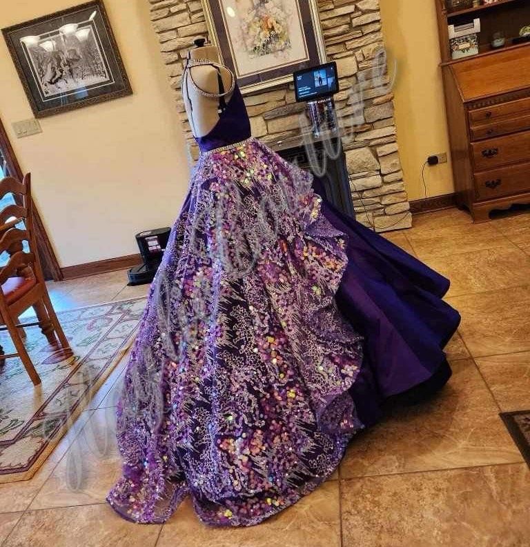Custom Girls Size 8 Pageant Halter Purple Ball Gown on Queenly