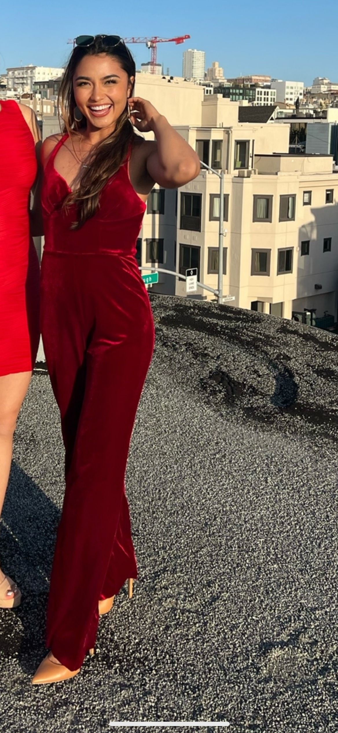 Size S Prom Plunge Velvet Red Formal Jumpsuit on Queenly