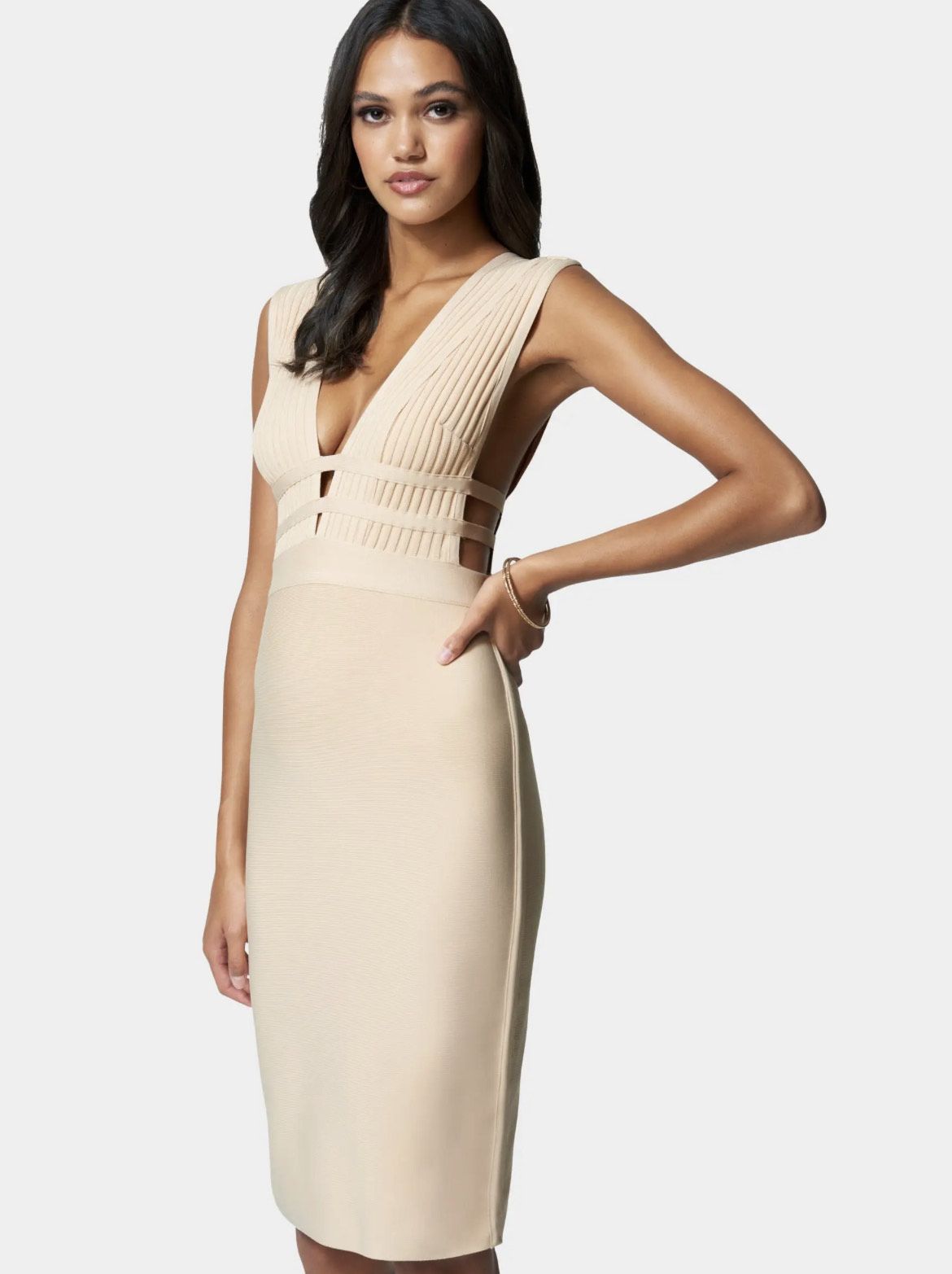 Bebe Size S Pageant Plunge Nude Cocktail Dress on Queenly