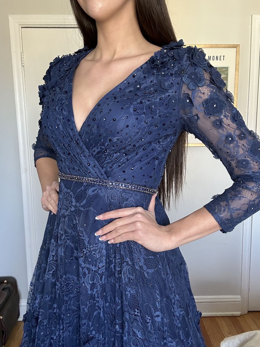 Mac Duggal Size 6 Wedding Guest Long Sleeve Navy Blue Cocktail Dress on Queenly