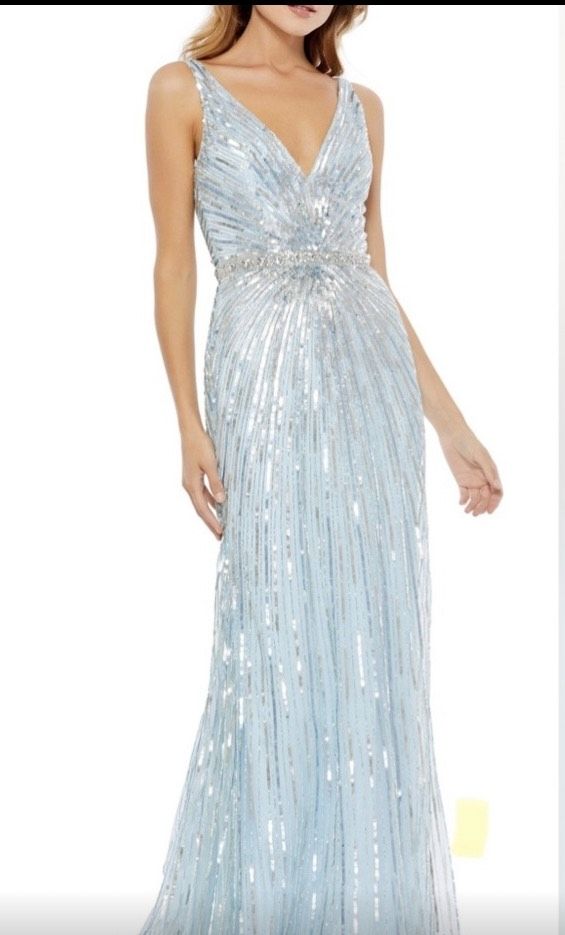 Style 5386 Mac Duggal Size 10 Prom Plunge Blue A-line Dress on Queenly