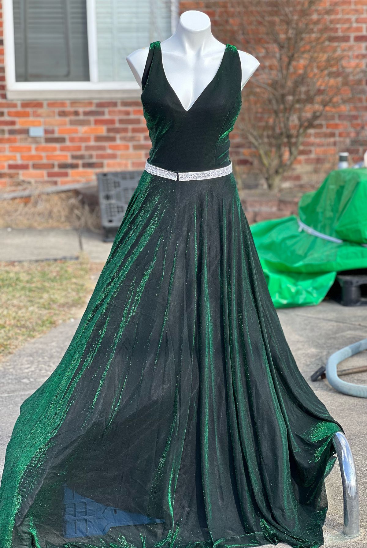 Size 3X Prom Plunge Sheer Green Dress With Train on Queenly