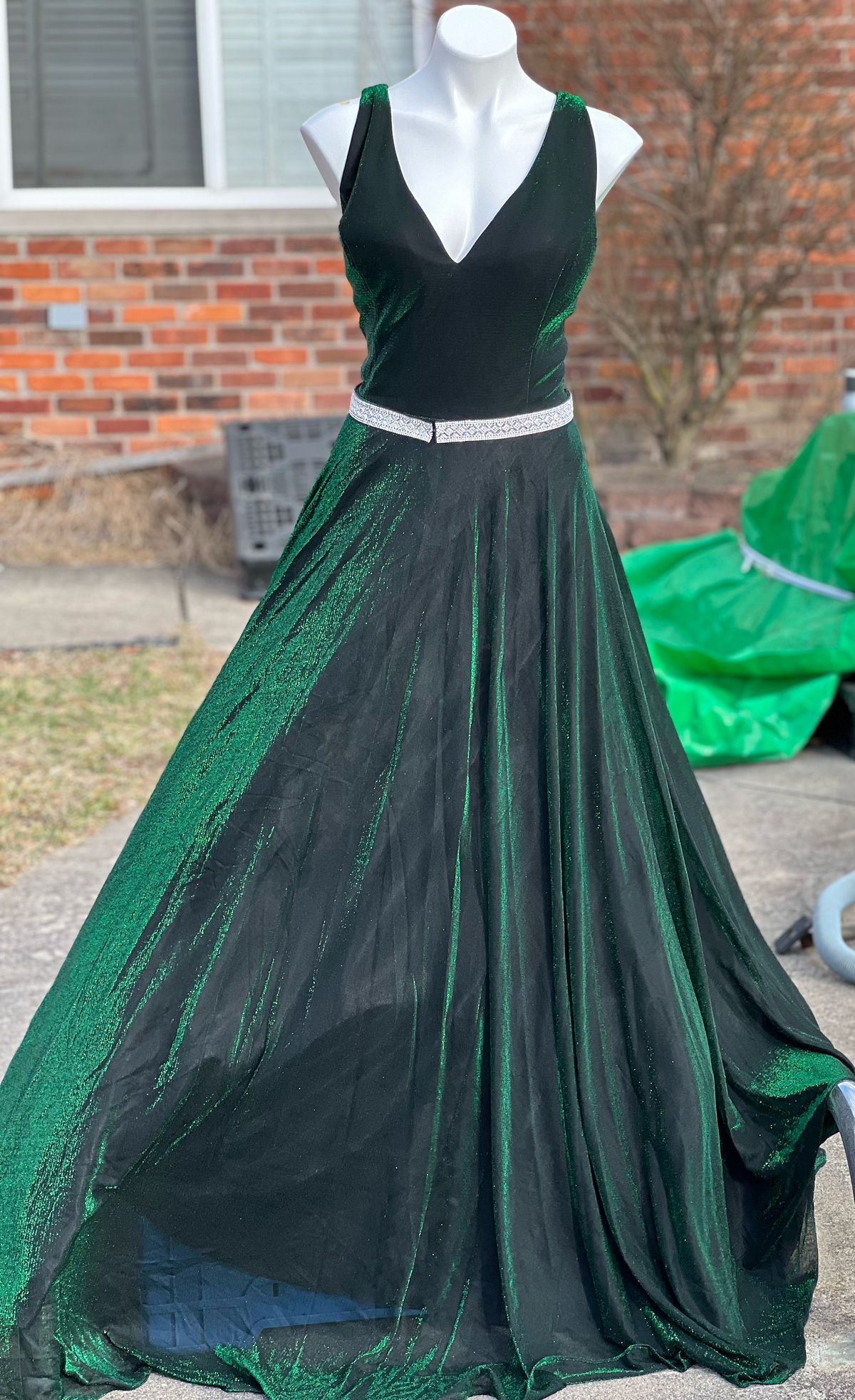 Size 3X Prom Plunge Sheer Green Dress With Train on Queenly