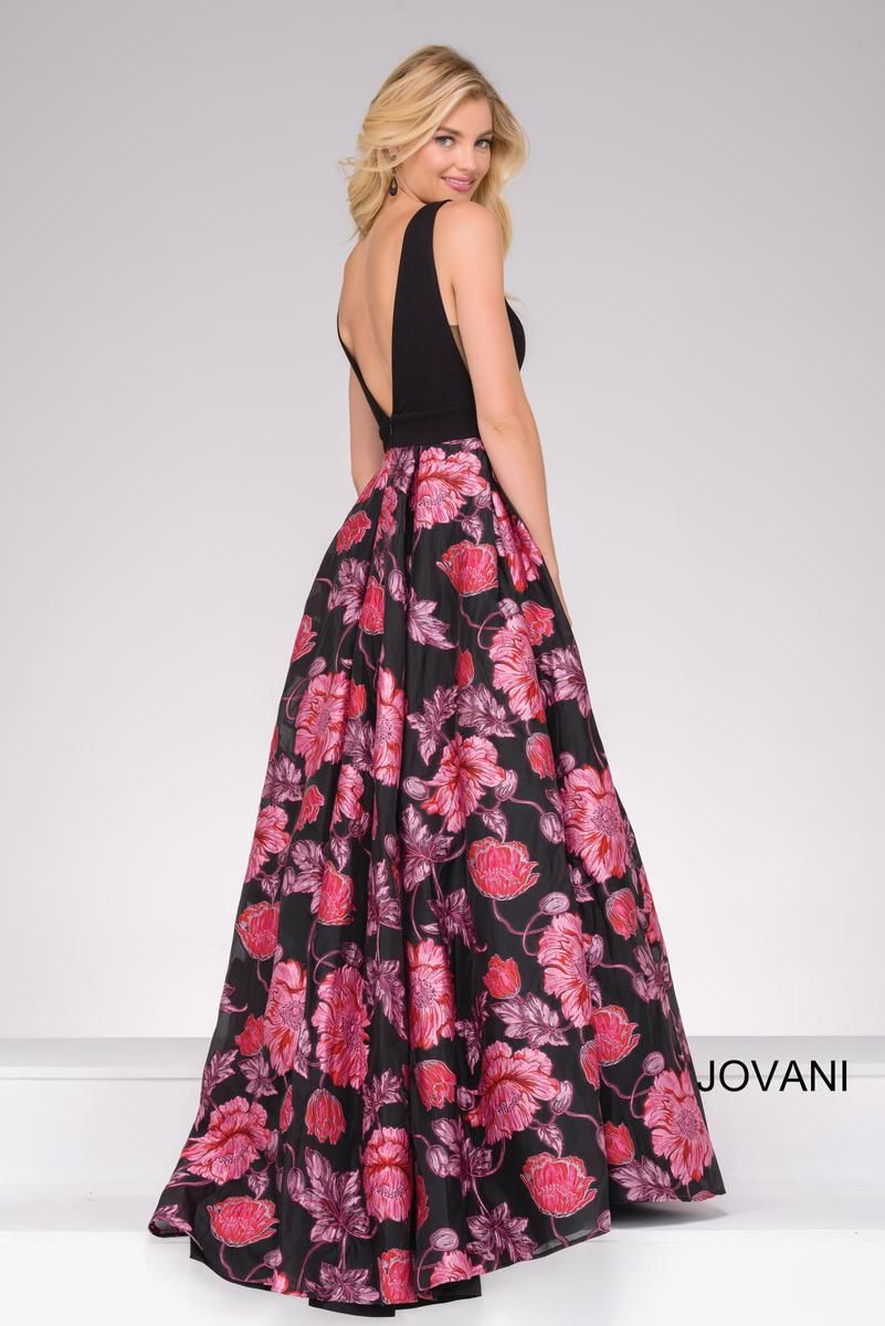 Style 49911 Jovani Size 6 Floral Black A-line Dress on Queenly