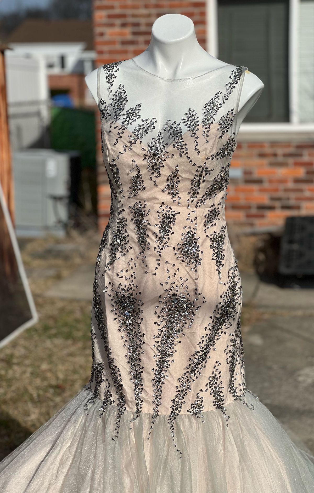 Terani Couture Size 12 Plunge Sheer Nude Mermaid Dress on Queenly
