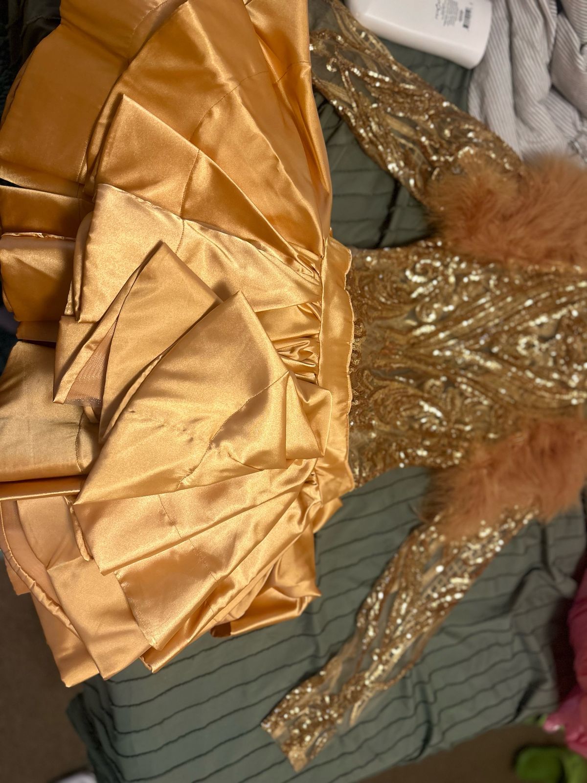 Size 4 Prom Long Sleeve Gold Ball Gown on Queenly