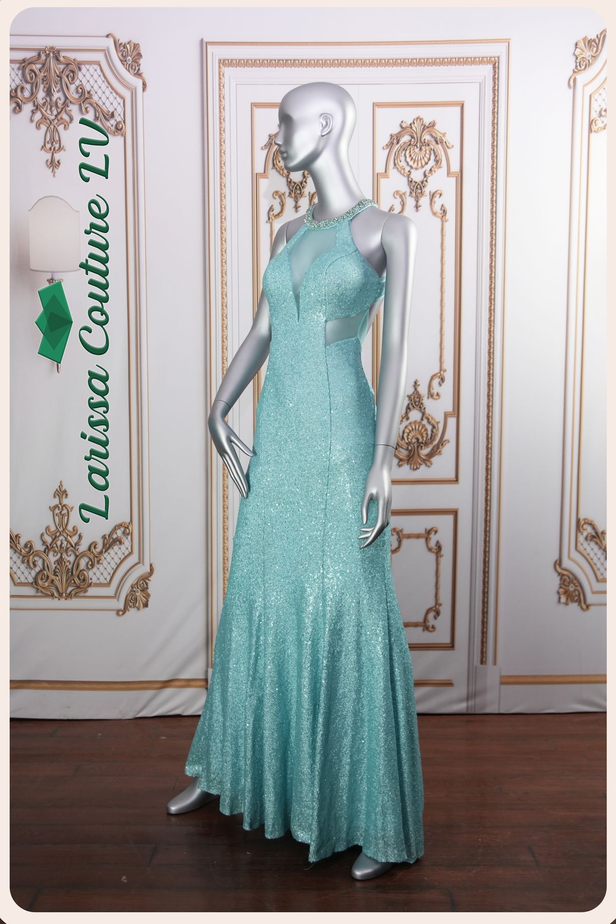 Style LCLV - B009 Larissa Couture LV Size 2 Plunge Sheer Turquoise Blue Mermaid Dress on Queenly
