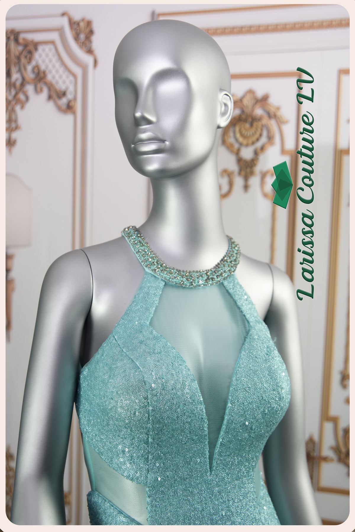 Style LCLV - B009 Larissa Couture LV Size 2 Plunge Sheer Turquoise Blue Mermaid Dress on Queenly