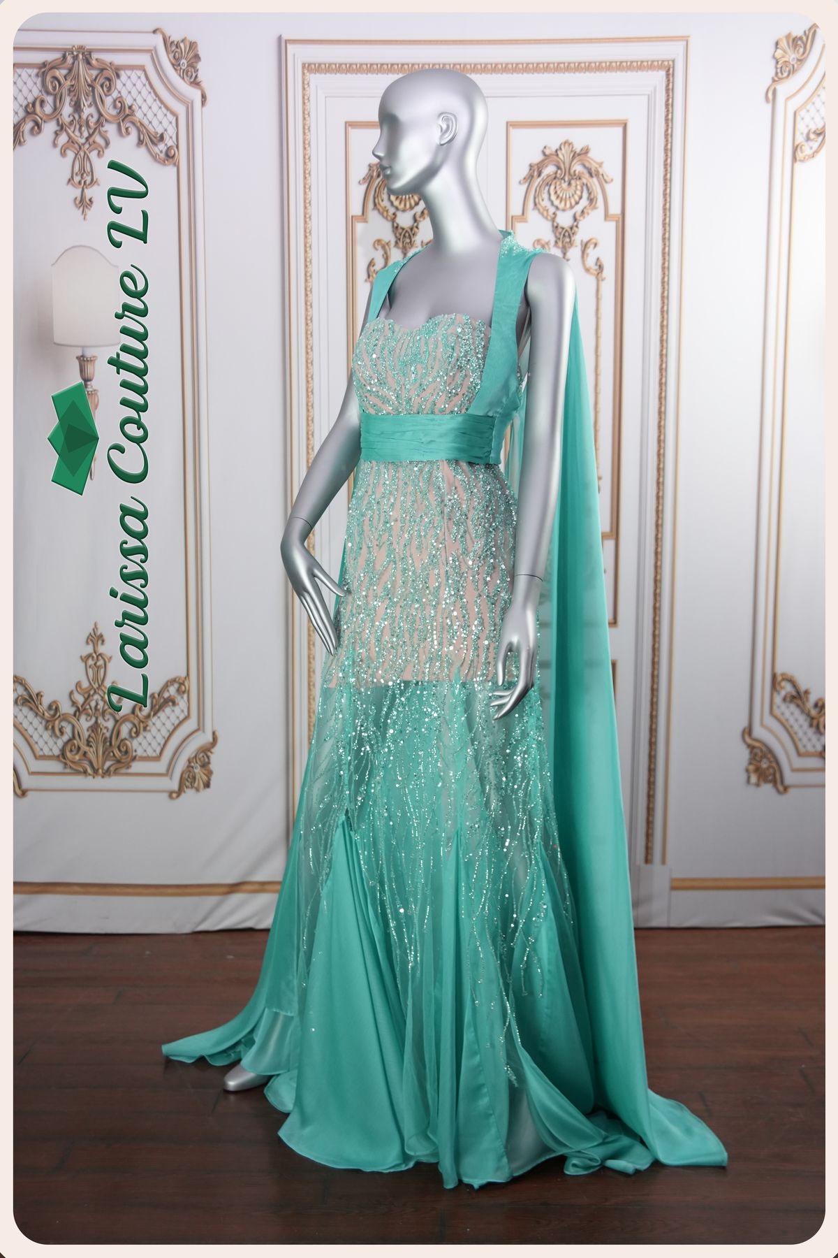 Style LCLV - B014 Larissa Couture LV Size 6 Lace Turquoise Blue Floor Length Maxi on Queenly