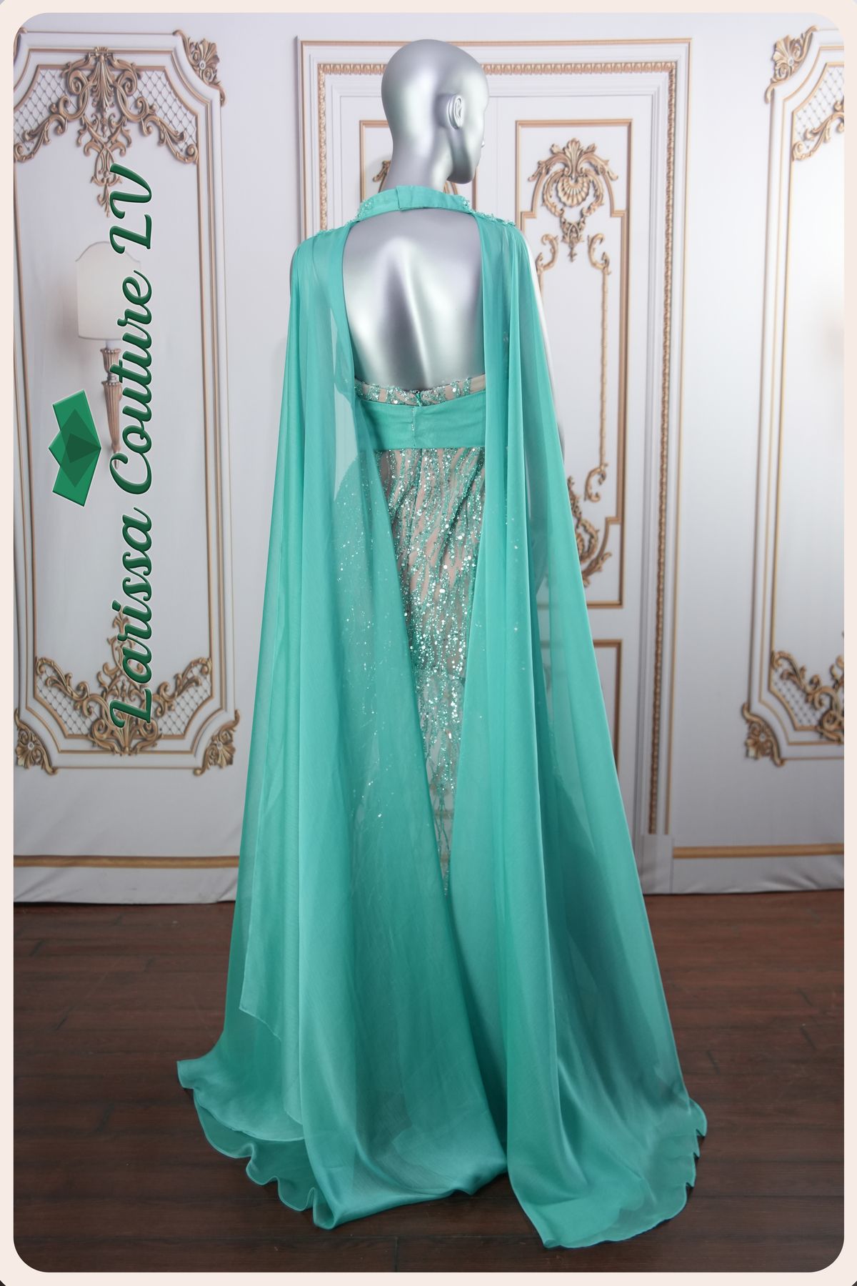 Style LCLV - B014 Larissa Couture LV Size 6 Lace Turquoise Blue Floor Length Maxi on Queenly
