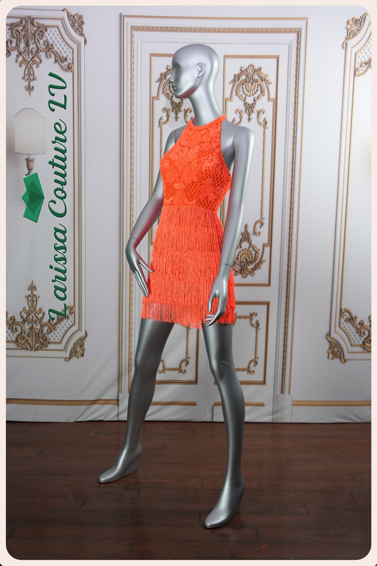 Style LCLV - OR002 Larissa Couture LV Size 4 Halter Lace Orange Cocktail Dress on Queenly