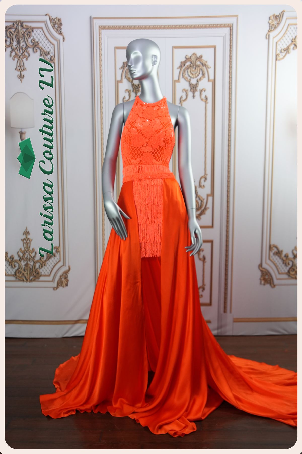 Style LCLV - OR002 Larissa Couture LV Size 4 Halter Lace Orange Cocktail Dress on Queenly