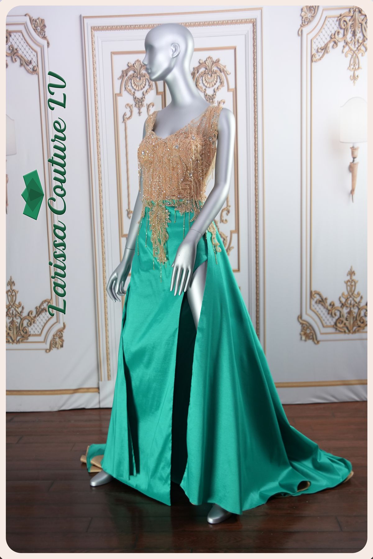 Style G003 Larissa Couture LV Size 6 Lace Green Ball Gown on Queenly