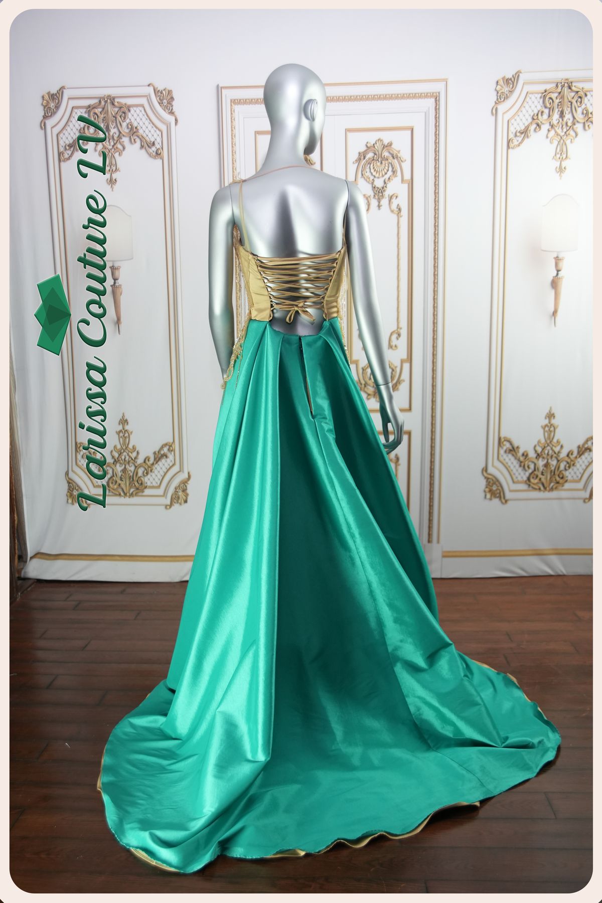 Style G003 Larissa Couture LV Size 6 Lace Green Ball Gown on Queenly