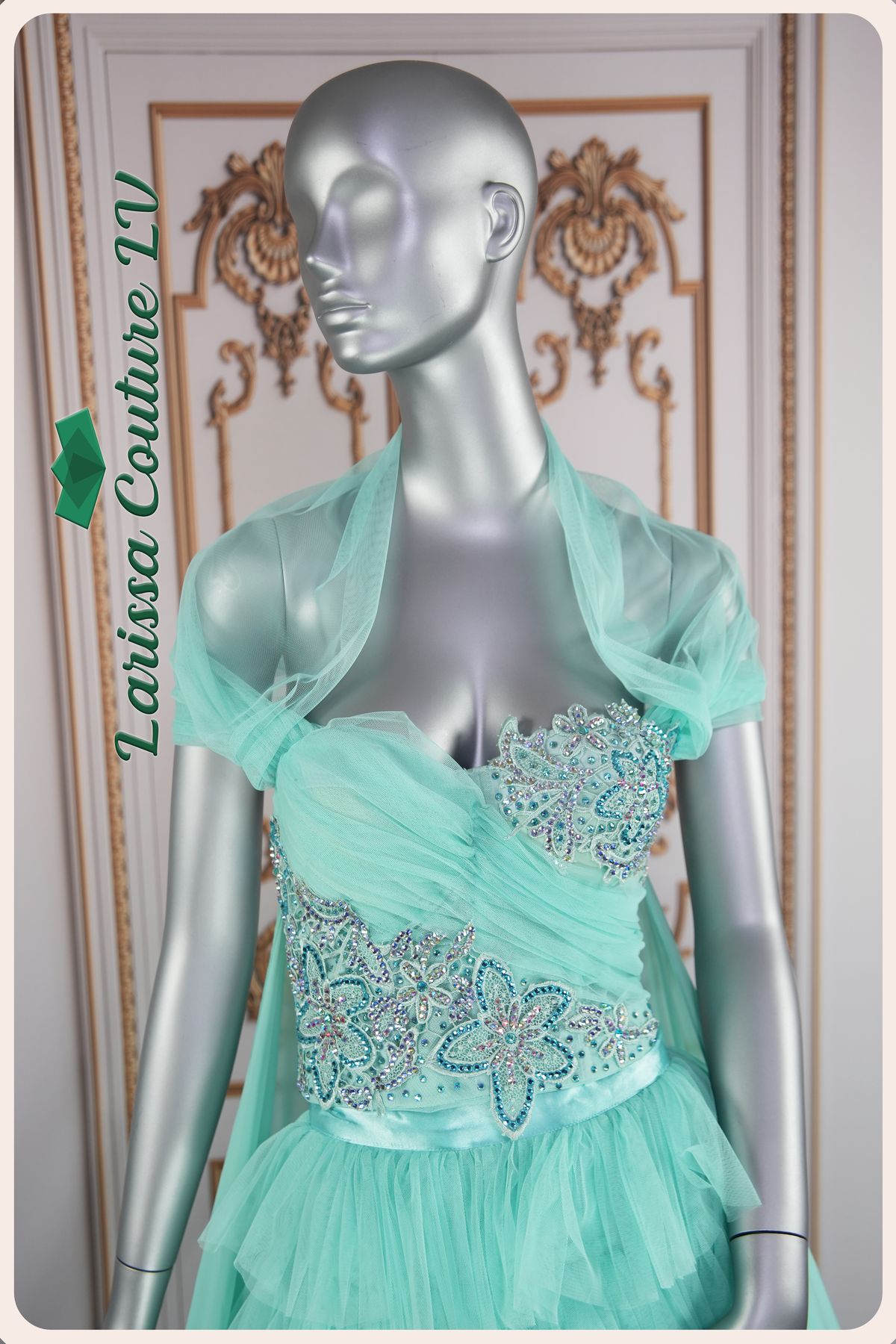 Style G004 Larissa Couture LV Size 4 Lace Turquoise Green Ball Gown on Queenly