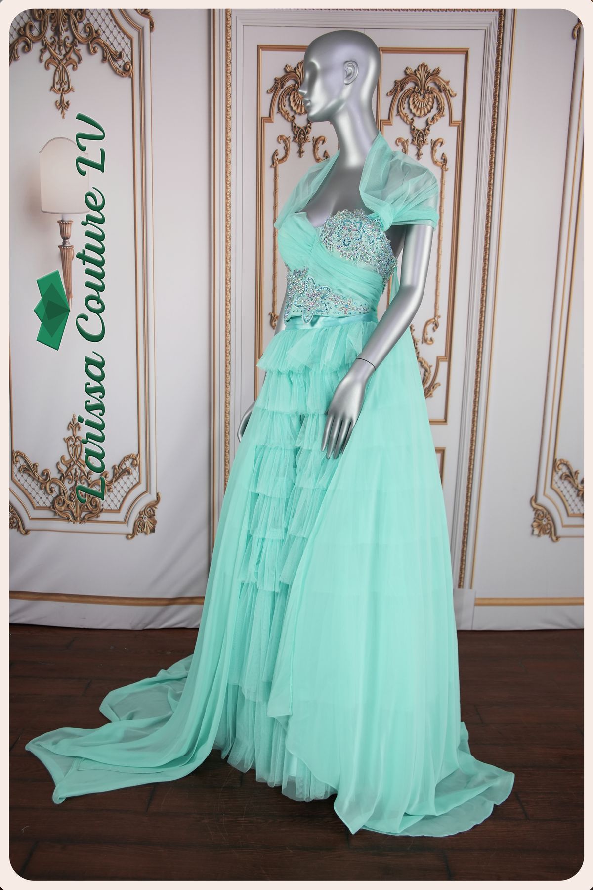 Style G004 Larissa Couture LV Size 4 Lace Turquoise Green Ball Gown on Queenly