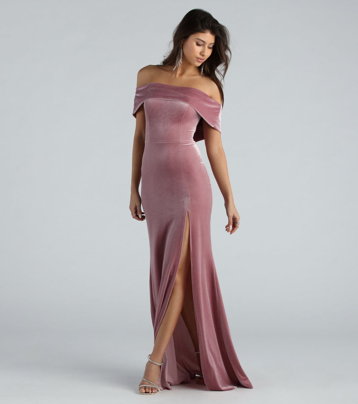 Style 05002-7386 Windsor Size S Bridesmaid Strapless Velvet Blue Side Slit Dress on Queenly