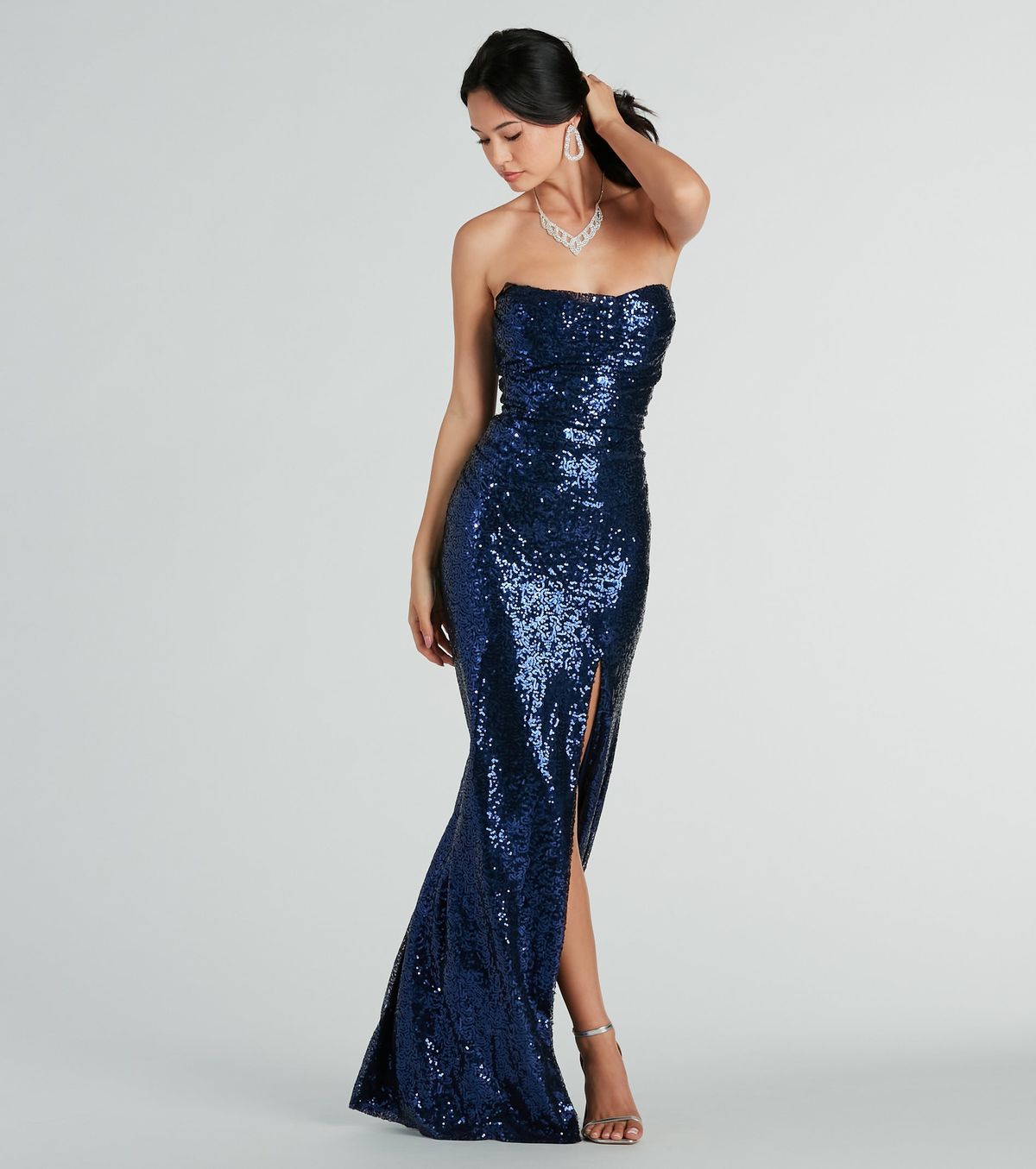 Style 05002-7962 Windsor Size S Bridesmaid Strapless Sequined Blue Side Slit Dress on Queenly