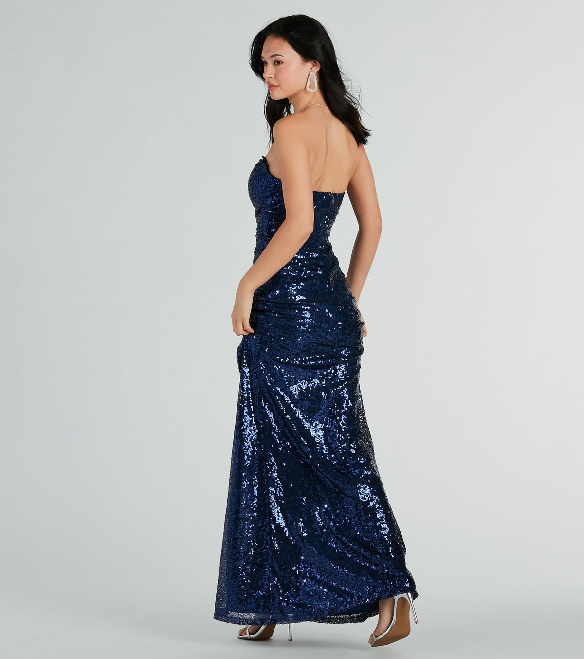 Style 05002-7962 Windsor Size L Bridesmaid Strapless Sequined Blue Side Slit Dress on Queenly
