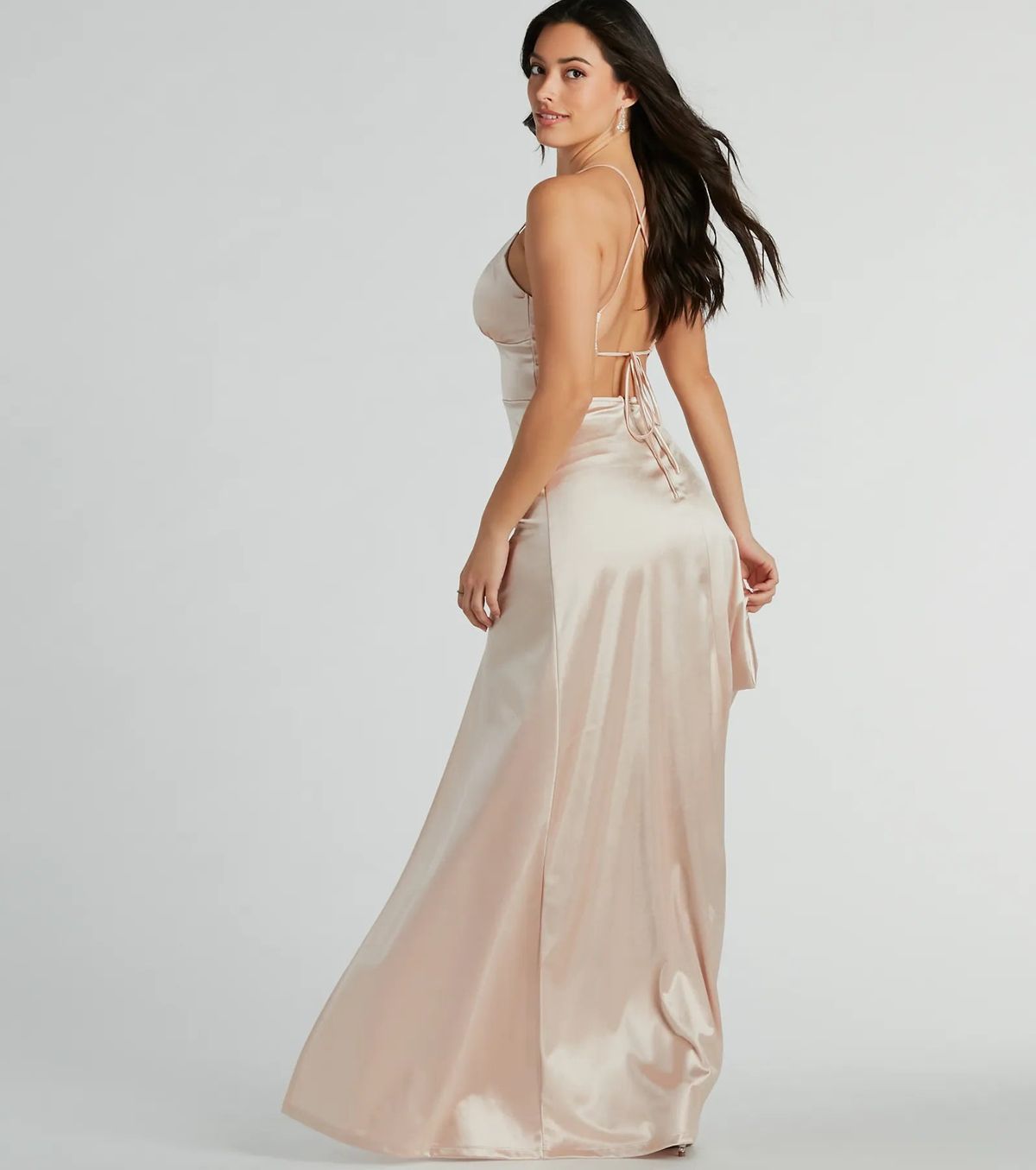 Style 05002-8130 Windsor Size M Bridesmaid Satin Gold Side Slit Dress on Queenly