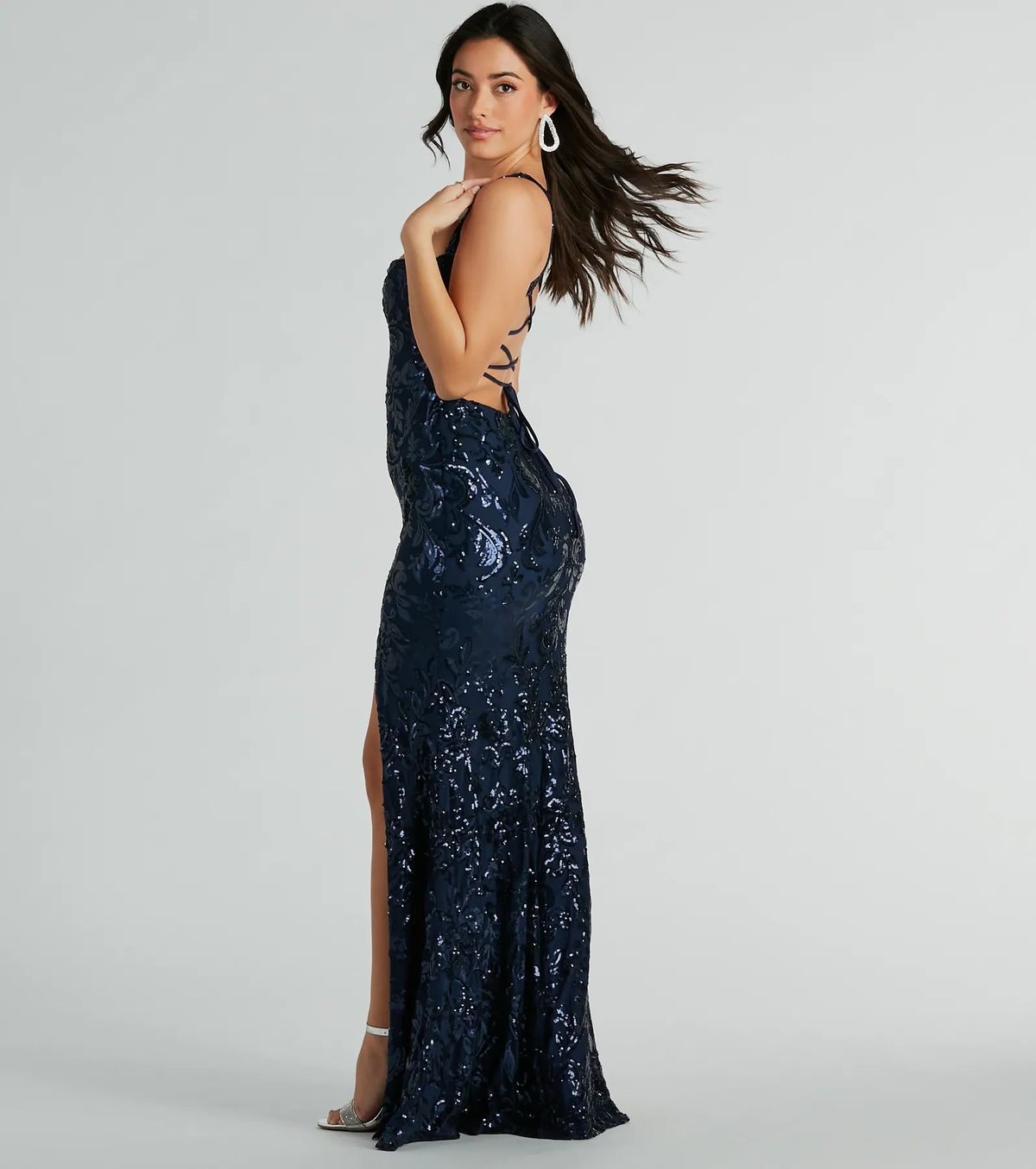 Style 05002-8240 Windsor Size L Bridesmaid Sequined Blue Side Slit Dress on Queenly
