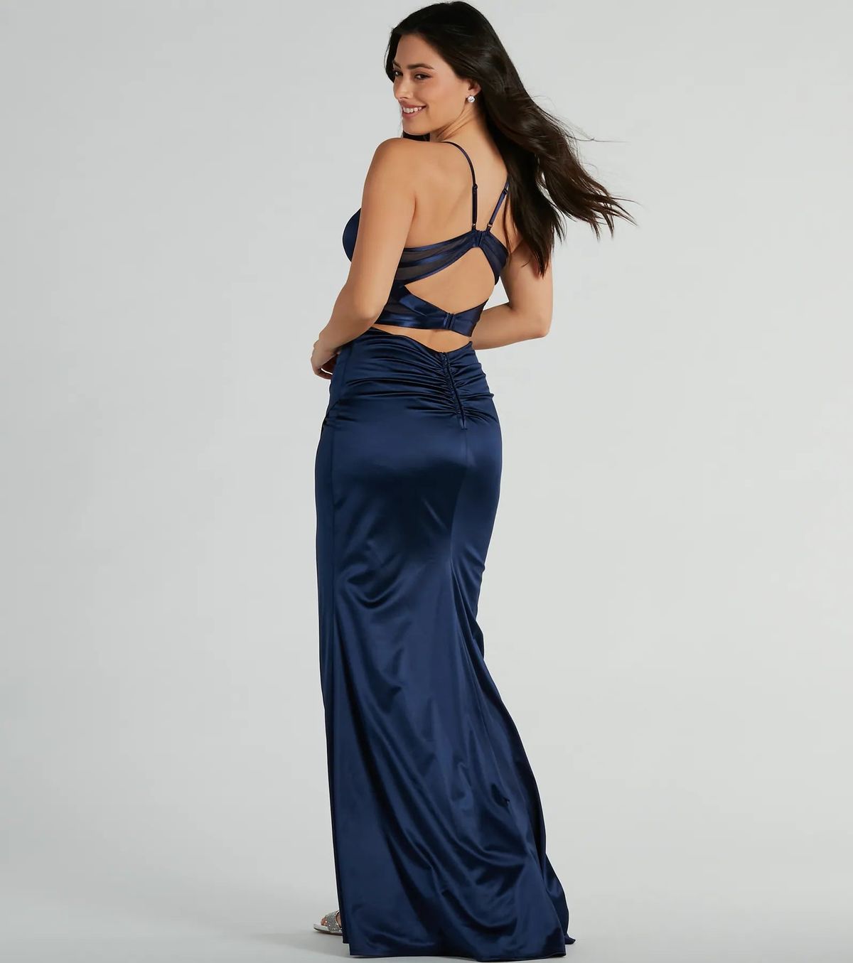 Style 05002-8207 Windsor Size XS Bridesmaid Sheer Blue Side Slit Dress on Queenly