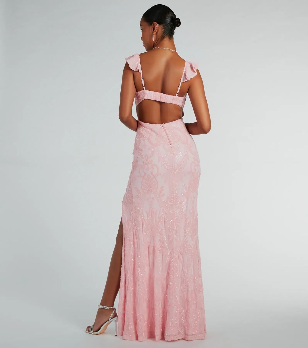 Style 05002-7929 Windsor Size L Prom Sheer Pink Side Slit Dress on Queenly