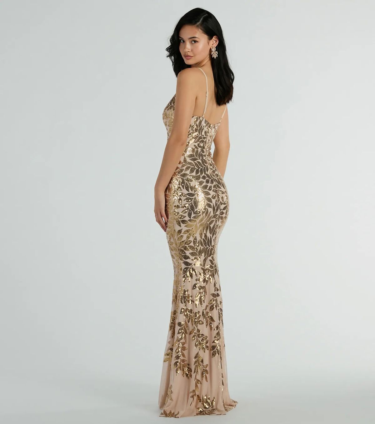 Style 05002-7328 Windsor Size S Prom Plunge Sheer Gold Mermaid Dress on Queenly