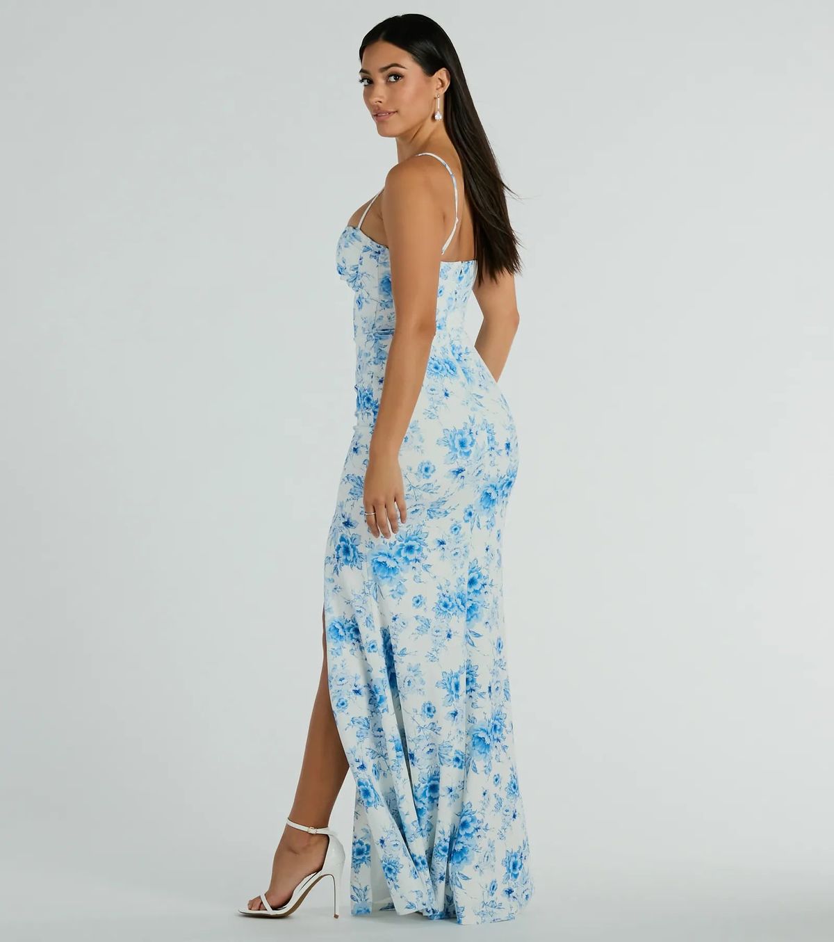 Style 05002-7955 Windsor Size L Prom Floral Blue Side Slit Dress on Queenly