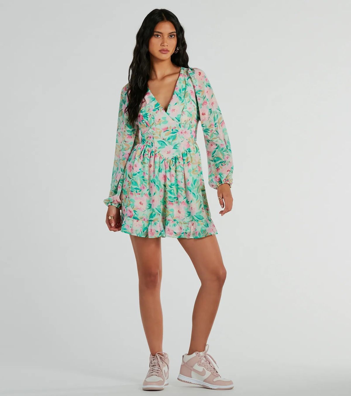 Style 05101-3186 Windsor Size S Long Sleeve Floral Green Cocktail Dress on Queenly
