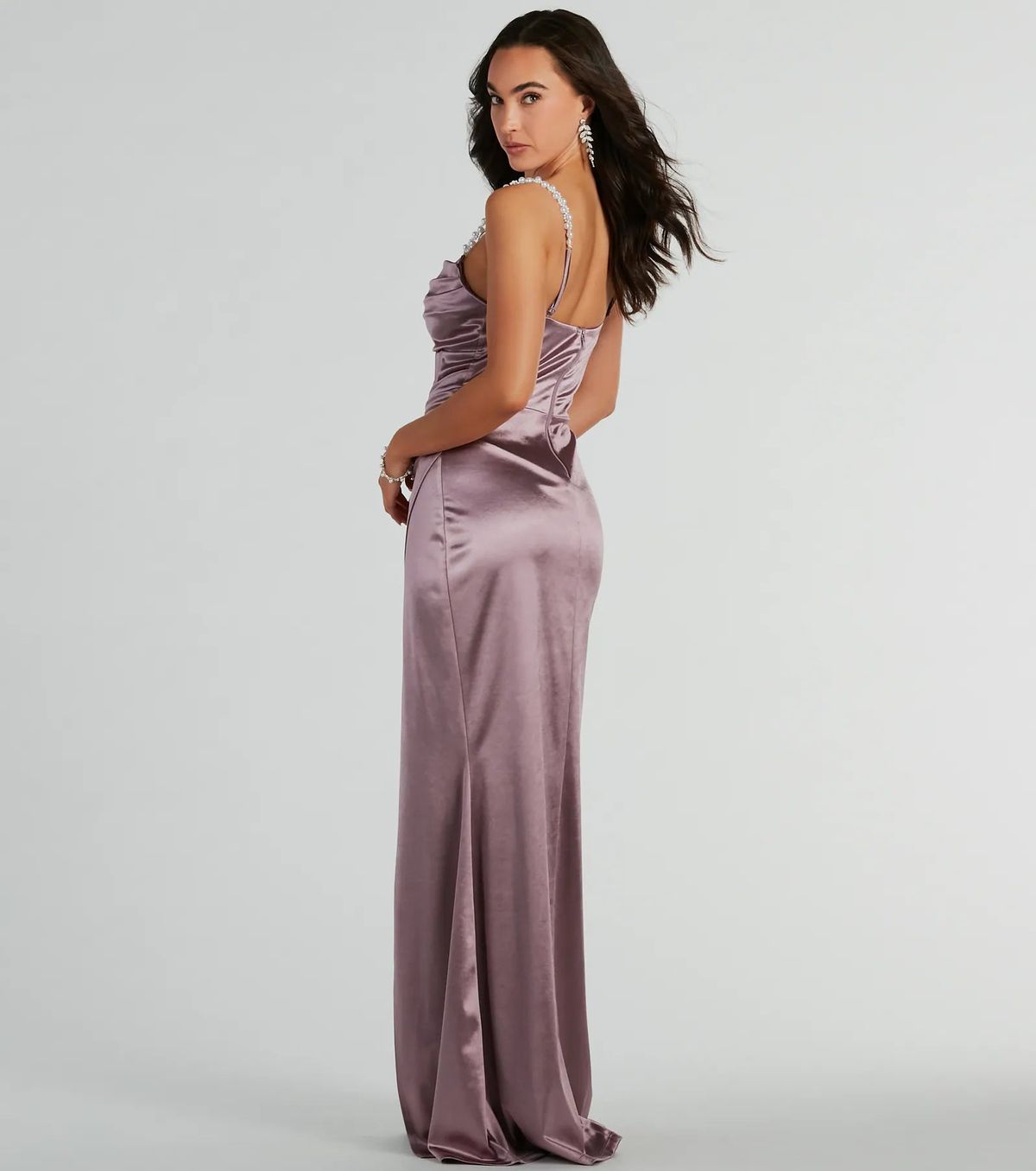 Style 05002-8317 Windsor Size XS Bridesmaid Satin Purple Side Slit Dress on Queenly